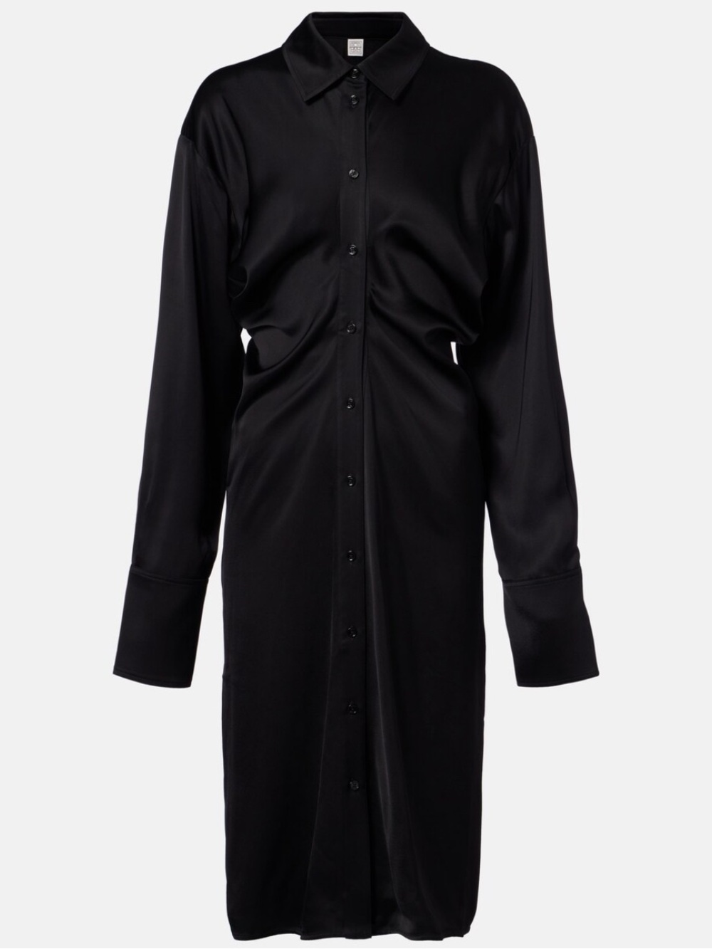 Toteme Slouch Crepe Satin Button-Front Long Sleeve Shirt Dress - Black - Picture 2 of 5